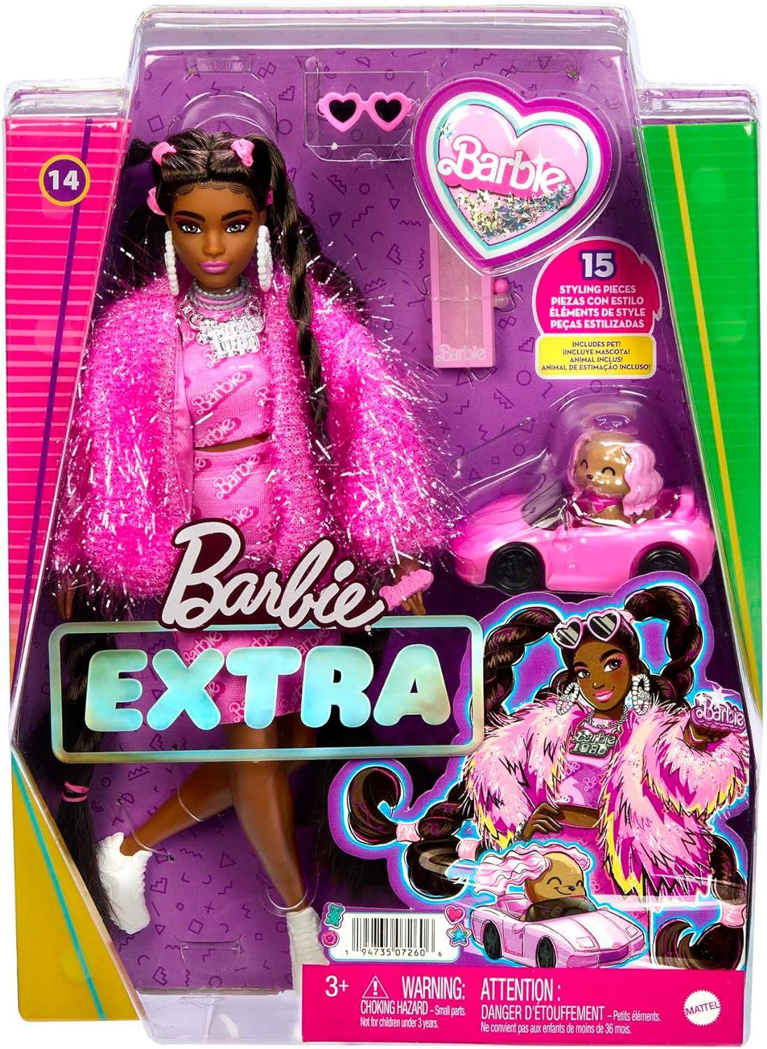 Barbie Extra Doll #14 Pink Outfit Sparkly Jacket and Pet Puppy Doll HHN06 Mattel