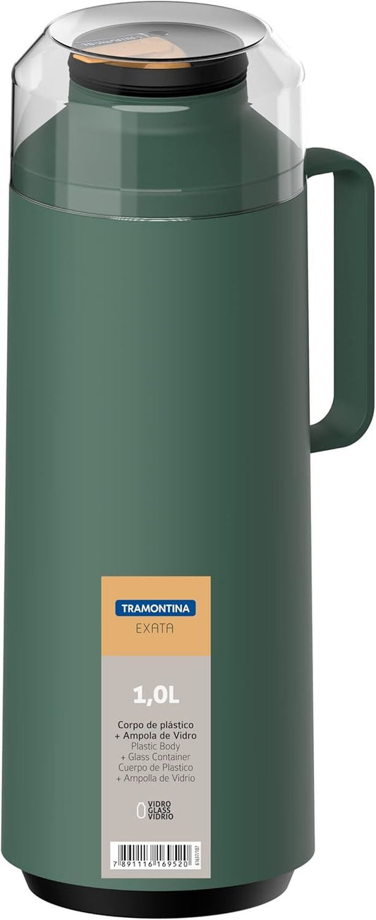 Tramontina Exata 1L Thermal Flask 61637/107 – Olive Green Glass-Lined Vacuum Insulated Bottle Carafe with Cup Lid for Hot & Cold Drinks
