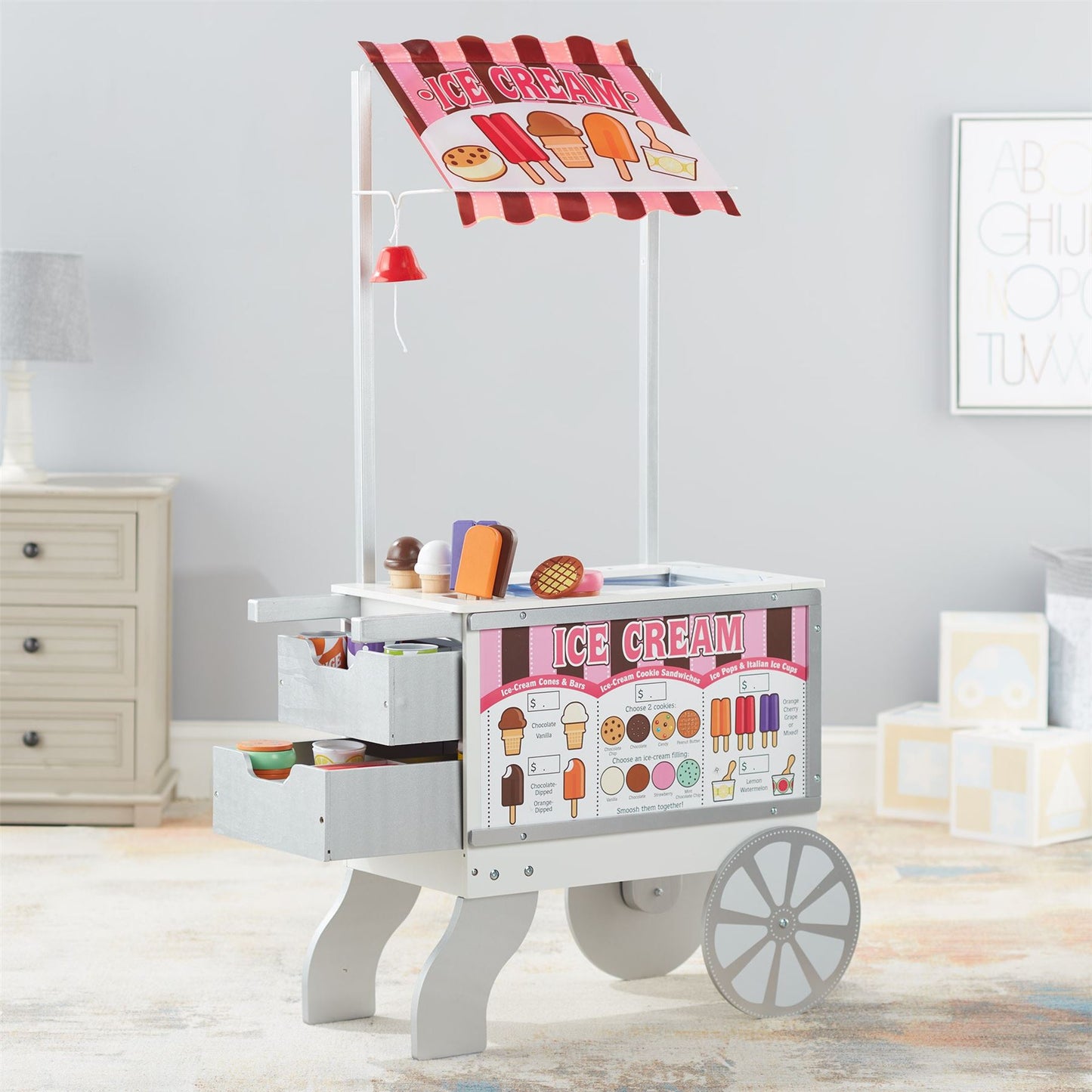 Snacks & Sweets Food Cart 9350 – Melissa & Doug Wooden Pretend Play Ice Cream & Snack Stand for Kids (Wheeled Role-Play Cart)
