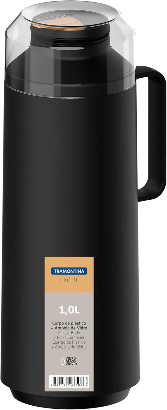 Tramontina Exata 1L Thermal Flask 61637/103 – Black Glass-Lined Vacuum Insulated Bottle Carafe with Cup Lid for Hot & Cold Drinks