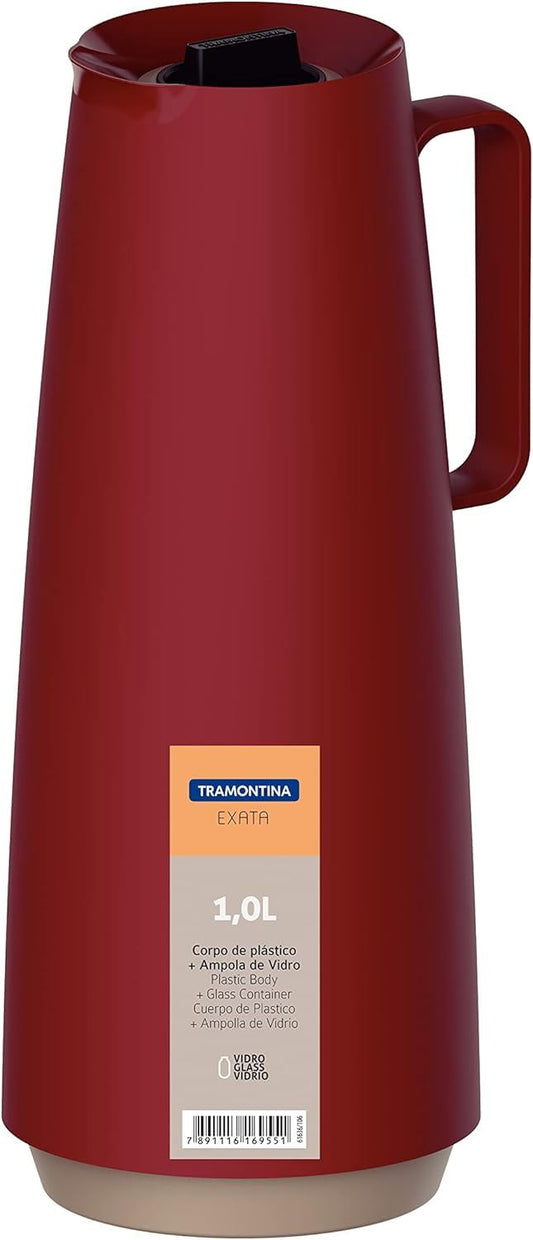 Tramontina Exata 1L Thermal Flask 61636/106 – Red Glass-Lined Vacuum Insulated Beverage Carafe with Screw Cap for Hot & Cold Drinks