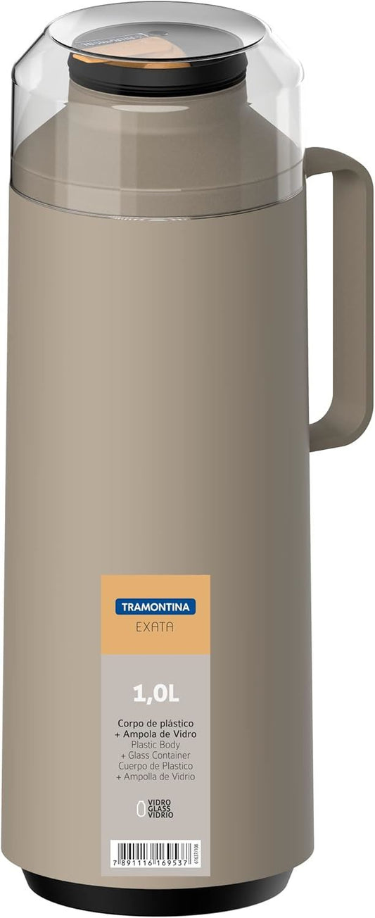 Tramontina Exata 1L Thermal Flask 61637/108 – Beige Glass-Lined Vacuum Insulated Bottle Carafe with Cup Lid for Hot & Cold Drinks