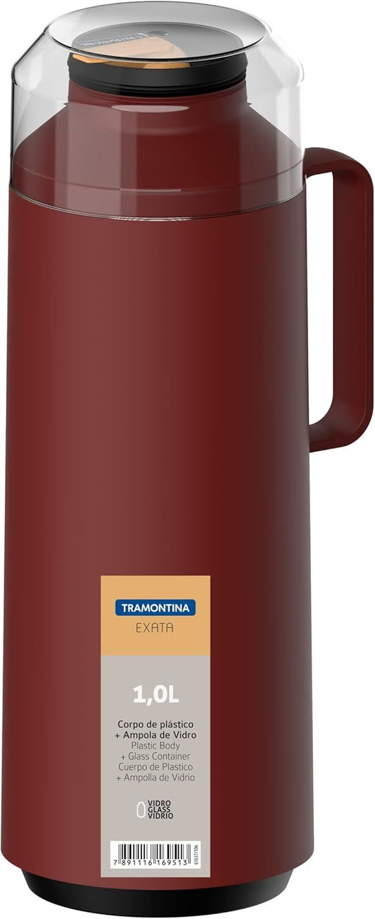 Tramontina Exata 1L Thermal Flask 61637/106 – Rich Red Glass-Lined Vacuum Insulated Bottle Carafe with Cup Lid for Hot & Cold Drinks